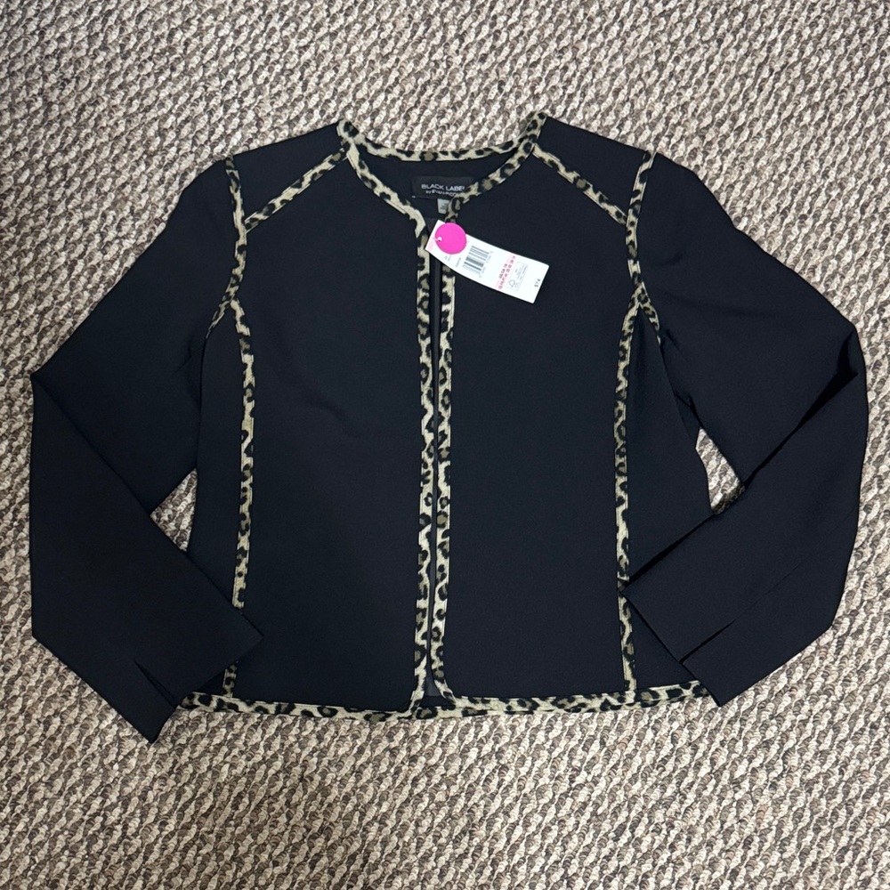 NWT Evan Picone Black Label Black Blazer with Leopard Trim